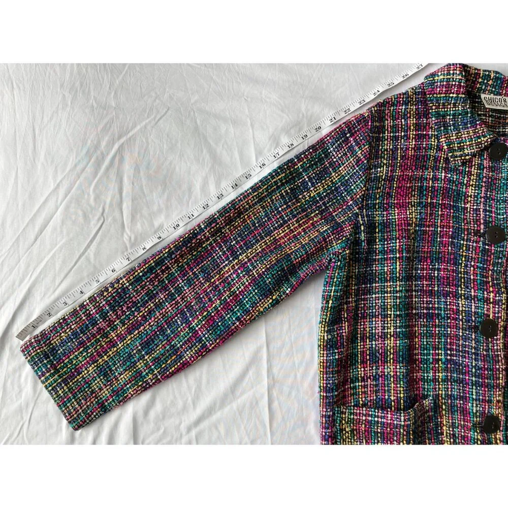 Vintage Chico's Design 100% Silk Boho Granny Chic Woven Tweed Rainbow Jacket